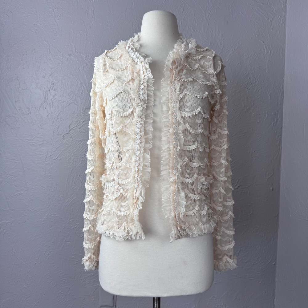 Vintage RYU Large (petitie) fairy core coquette ivory lace ruffle cardigan
